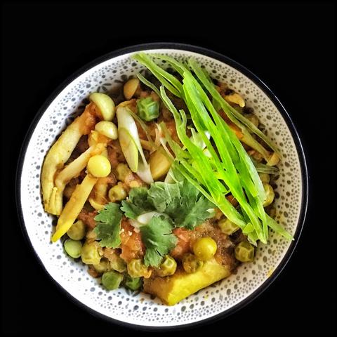 Mushrooms and Peas made with a variety of mushrooms.