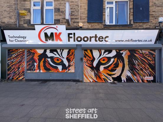 Shop shutters painted with a close up of a tiger's eyes