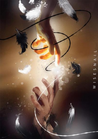 Digital painting showing two hands reaching for each other, one from the top of the image and the other from the bottom. White and black feathers surrounds the hands, and a string, half black and half white, is loosely tied around them.