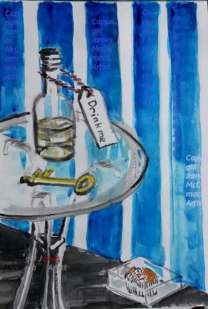 Alice's Containers.

"..she found a little bottle on it ("which certainly was not here before,” said Alice), and tied round the neck of the bottle was a paper label, with the words “DRINK ME” beautifully printed on it in large letters.....