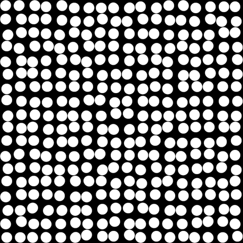 Code generated 18x18 grid of deformed circles. Bright on dark background. The shapes are slightly offset from the centers of the grid cells, creating the illusion of seeing black lines in places where you are not looking. The lines disappear when trying to see them.