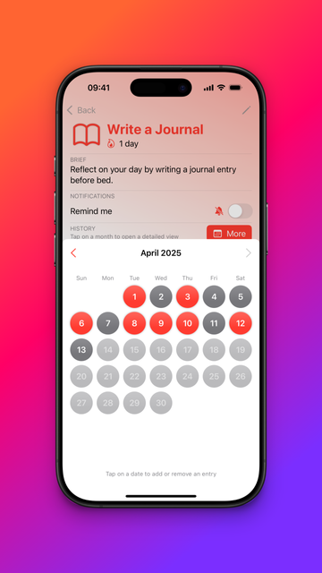 An iPhone screen showcasing the detailed view of the “Write a Journal” habit inside the habit tracker app for April 2025. The top section includes the habit title with an open book icon and streak details. Below, the calendar displays each day of April, with red circles marking completed journal entries and gray circles for missed days. Instructions at the bottom read, “Tap on a date to add or remove an entry.” The interface maintains a clean red-themed design.