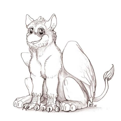 A pencil drawing showing a relaxed Gryphon sitting on the ground, he is facing to the left.