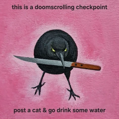 Canvas texture shades of pink dark lightening in lighter around an angry looking crow holding a long knife in its beak. “This is a doomscrolling check point. Post a cat and get a drink of water.