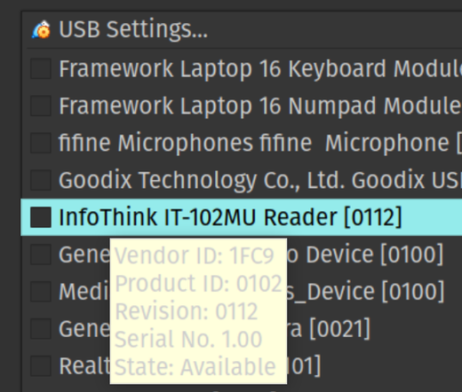 List of USB devices.