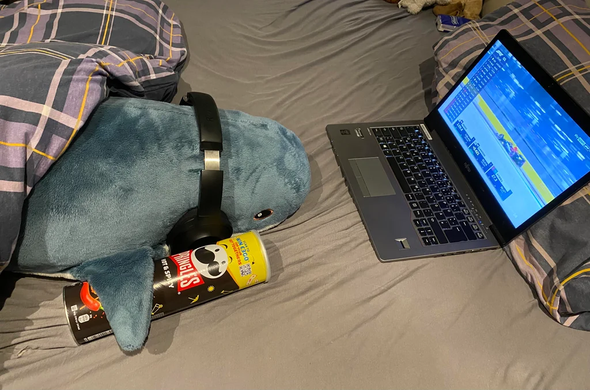 A BLÅHAJ shark plushie relaxing on a bed while "watching" a Formula 1 race on a laptop. The shark is wearing headphones and has a can of what appears to be Pringles chips beside it. The blue shark is positioned comfortably on light-colored bedsheets with plaid pillows surrounding it, creating a cozy viewing setup. The laptop screen shows what looks like an F1 race broadcast with its characteristic timing displays and track view, suggesting the shark is enjoying some motorsport entertainment from the comfort of bed.