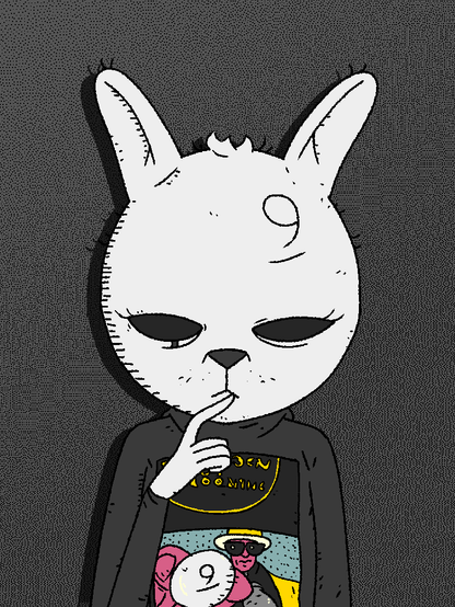 rabbit wearing a "The Golden Age of Ballooning" 9front merch