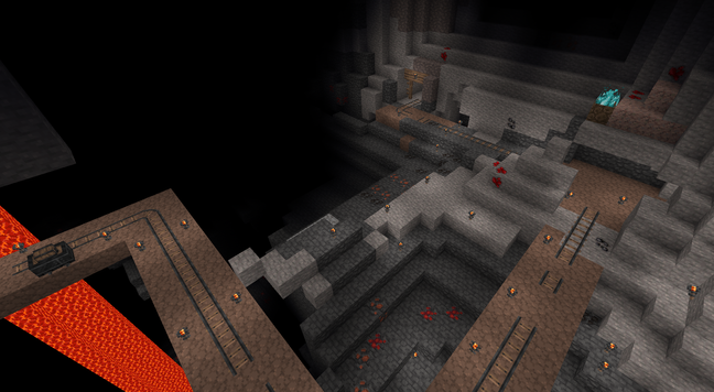 A screenshot from Mineclonia.  Looking down from above, the rails and minecarts from an abandoned mineshaft.  Lots of redstone amongst the deepslate and stone.