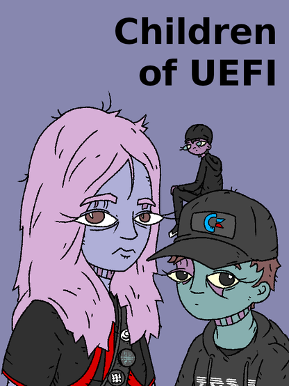 three Children of Uefi wearing various hacker gear. c-64 hat, bag with hackers, merveilles, plan9 buttons, atari t-shirt, very dark clothing