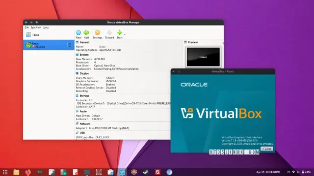 Screenshot of VirtualBox 7.1.8 showing the main window and the About VirtualBox dialog.