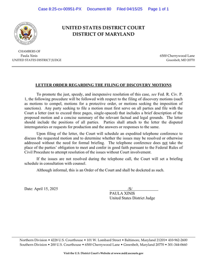 LETTER ORDER REGARDING THE FILING OF DISCOVERY MOTIONS To promote the just, speedy, and inexpensive resolution of this case, see Fed. R. Civ. P. 1, the following procedure will be followed with respect to the filing of discovery motions (such as motions to compel, motions for a protective order, or motions seeking the imposition of sanctions). Any party seeking to file a motion must first serve on all parties and file with the Court a letter (not to exceed three pages, single-spaced) that includes a brief description of the proposed motion and a concise summary of the relevant factual and legal grounds. The letter should include the positions of all parties. Parties shall attach to the letter the disputed interrogatories or requests for production and the answers or responses to the same.