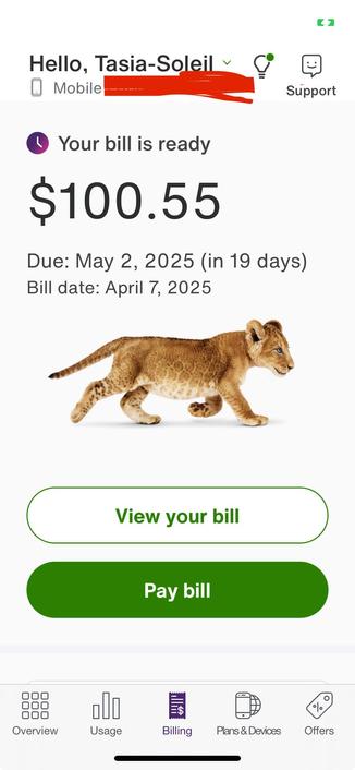 a screenshot of tasia's phone bill for $100.55 due on may 2
