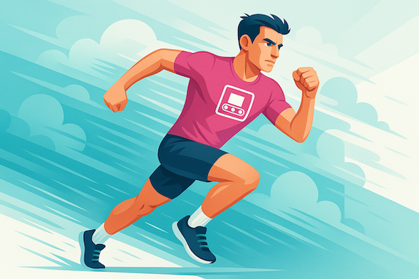 A cartoon man, running. He is pictured wearing a t-shirt with an AutoPkg logo on the front.