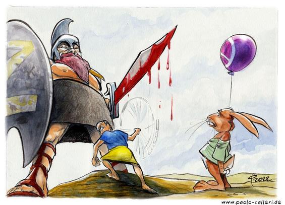 Karikatur aus dem Jahr 2022. Ein bärtiger Riese steht mit Schild und Schwert einer kleinen Person gegenüber, die eine Steinschleuder schwingt. Beide blicken sie in Richtung eines Hasen, der einen lilafarbenen Ballon mit aufgedrucktem Friedenssymbol mit sich führt. Da das Tier den Mund leicht geöffnet hat, kann man den Titel diesse Beitrags als gesprochenen Text annehmen: "Zum Streit gehören ja immer zwei." Auf dem Schild des Riesen ist ein großes Z aufgemalt, von seinem Schwert tropft Blut. Die kleine Person mit der Steinschleuder trägt blaugelbe Kleidung.