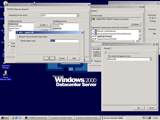 Screenshot of Windows 2000 joined-up to an AppleTalk zone and SQL Server's network utility configured for AppleTalk.
