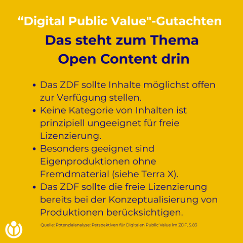 "Digital-Public Value"-Gutachten. Das steht zum Thema Open Content drin: 
1. Das ZDF sollte Inhalte möglichst offen zur Verfügung stellen. 
2. Keine Kategorie von Inhalten ist prinzipiell ungeeignet für freie Lizenzierung. 
3. Besonders geeignet sind Eigenproduktionen ohne Fremdmaterial (siehe Terra X). 
4. Das ZDF sollte die freie Lizenzierung bereits bei der Konzeptualisierung von Produktionen berücksichtigen.