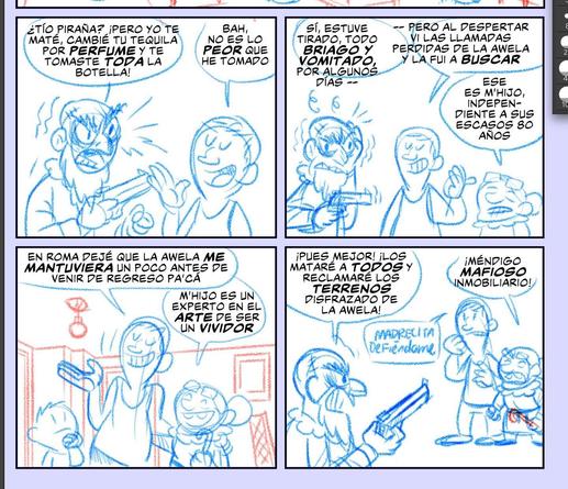 Another screenshot of a sketched page from my comic. Uncle Piranha, Karate Grandma’s son, is explaining how he cheated a certain dead while the villain points a gun at our heroes.