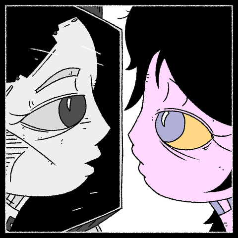 Girl comes face to face with a machine boy behind a computer screen.