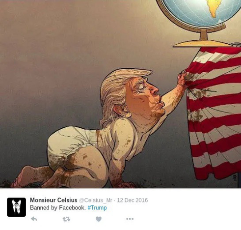 Norwegian cartoon published after Trump was first elected in 2016, showing him as a toddler with a leaking ‘full diaper’ reaching for a USA flag draped over a table. A globe is perilously close to being pulled off the table.