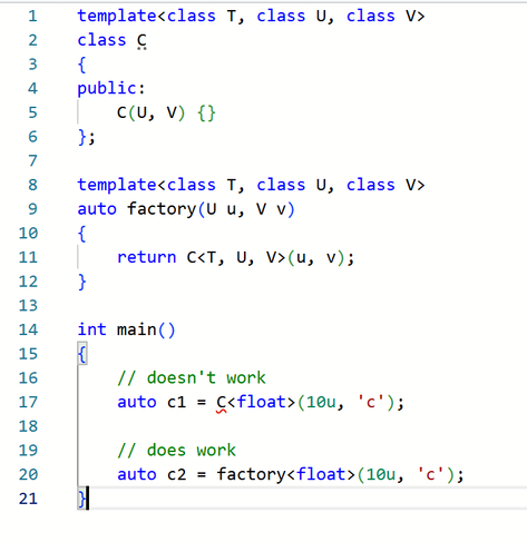 A c++ code that is trying to instantiate class C that has three template parameters. Two of them are supposed to be inferred from constructor parameters while the one remaining is stated explicitly by the user.