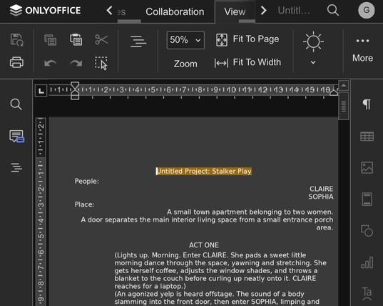 Image of a screen displaying a script for a play titled "Untitled Project: Stalker Play." The text includes details about characters Claire and Sophia, as well as a description of the setting in a small town apartment.