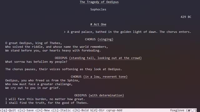 Text from "The Tragedy of Oedipus" by Sophocles, depicting Act One in terminal-based, white-on-black text exitor.