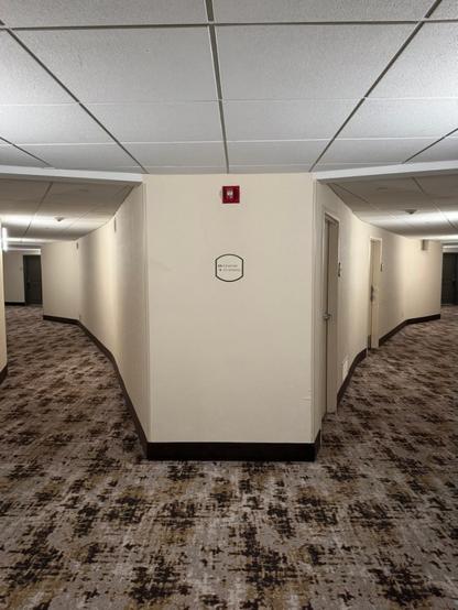 A forking hotel hallway. There is a narrow facing wall at the split with a directional sign and a fire alarm. The two curving halls split off to left and right. A drop ceiling is in the foreground in the top of frame. A multicolored brown carpet covers the floor. Various room doors are off the hall.