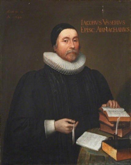 Portrait of a bearded Ussher with ruff and a desk with books