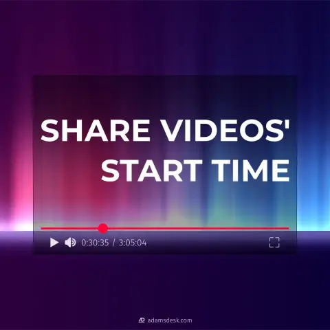 A digital video player interface sits in the centre on top of a background made up of multi coloured glowing beam of lights going upward. The video player has a read scrub timeline along with controls below and a video frame displaying a bold white title of Share Videos' Start Time.