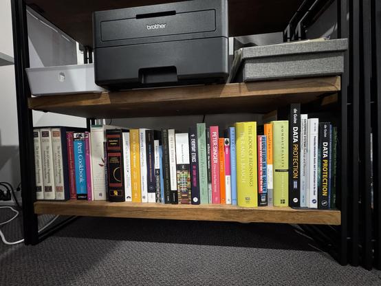 Close up of two bookshelf tiers. The top shelf has a brother laser printer and other assorted storage on it. The bottom shelf has a collection of books, which left to right are:

- 3 hardcover set of Knuth "Art of Computing"
- Cooper's Condensed Pascal
- Perl Cookbook
- Learning Perl
- Introduction to Algorithms
- The Computer and the Brain (John von Neumann)
- Ancient Greek Philosophers
- Head in the Clouds
- Life: A user's manual
- Positive Computing
- Ethics in Information Technology
- A short history of ethics
- The Myth of Sisyphus
- Digital vs Human
- Practical Ethics
- The Basic Writings of Bertrand Russell
- Everyday Ethics
- Ethical Issues in Professional Life
- ethics: the basics
- Ethics in the Real world
- Ethics (JL Mackie)
- Ethics (Peter Cave)
- Privacy (David Vincent)
- The Book of Beginnings (Rand & Brasch)
- Revolution in the Valley
- The Cluetrain Manifesto
- Homosexuality: A History
- Data Protection 2nd Edition (de Guise)
- Enterprise Systems Backup & Recovery (de Guise)
- Protecting Information Assets & IT Infrastructure in the Cloud (Das & de Guise)
- Data Protection (de Guise)
- Busy IT Manager's Guide to Data Recovery (de Guise) - hardcover & paperback
