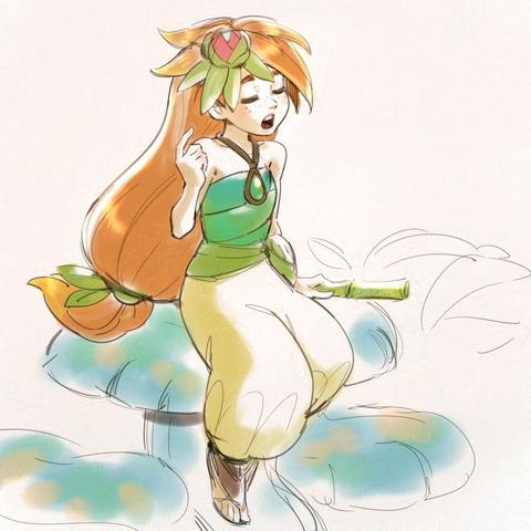 red hair fairy-like girl sitting on giant mushrooms and singing. she has leaf-motif clothing and hammer pants.