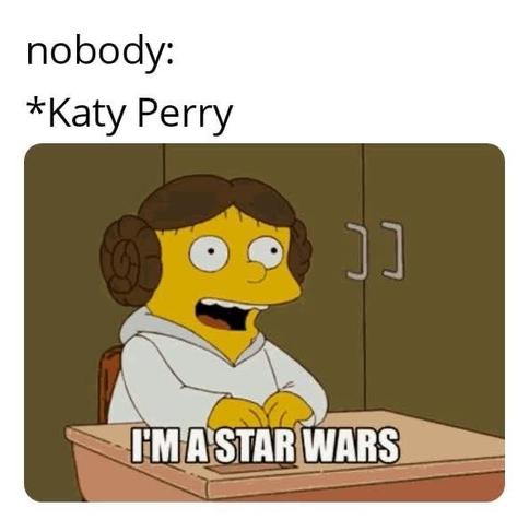 A meme with two parts. The top text reads, "nobody: *Katy Perry". Below is an image of a yellow cartoon character from The Simpsons (Ralph Wiggum), wearing Princess Leia's iconic hairstyle and outfit, sitting at a desk. The caption on the image reads, "I'M A STAR WARS".