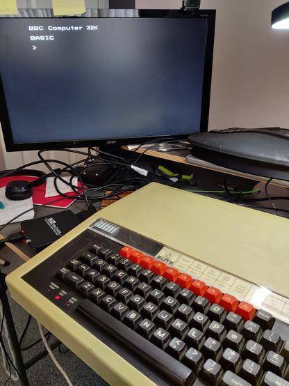 A BBC micro displaying its startup screen.