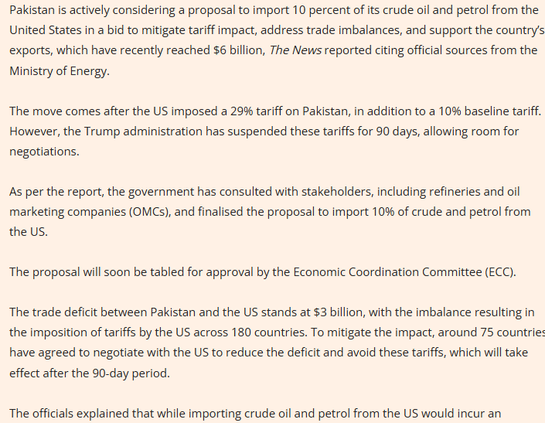 Pakistan is actively considering a proposal to import 10 percent of its crude oil and petrol from the United States in a bid to mitigate tariff impact, address trade imbalances, and support the country's exports, which have recently reached $6 billion, The News reported citing official sources from the Ministry of Energy.

The move comes after the US imposed a 29% tariff on Pakistan, in addition to a 10% baseline tariff. However, the Trump administration has suspended these tariffs for 90 days, allowing room for negotiations.

As per the report, the government has consulted with stakeholders, including refineries and il marketing companies (OMCs), and finalised the proposal to import 10% of crude and petrol from the US.

The proposal will soon be tabled for approval by the Economic Coordination Committee (ECC).

The trade deficit between Pakistan and the US stands at $3 billion, with the imbalance resulting in the imposition of tariffs by the US across 180 countries. To mitigate the impact, around 75 countrie: have agreed to negotiate with the US to reduce the deficit and avoid these tariffs, which will take effect after the 90-day period.

The officials explained that while importing crude ofl and petrol from the US would incur an