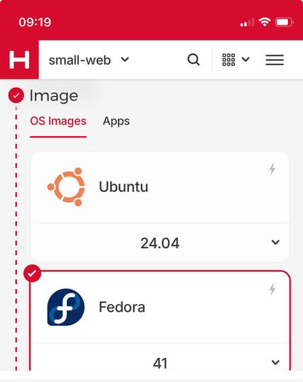 Screenshot on mobile (detail) of Hetzner web site showing supporter OS Images for rapid deployment. The two visible are Ubuntu (with 24.04 selected in a drop down) and Fedora (with 41 selected).