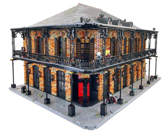 A model of a New Orleans-style building made of Lego bricks