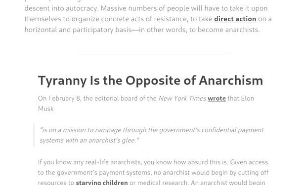 A partial screenshot of a browser window open to a web page about tyranny.  The text is in an extremely thin/fine font face, and is light grey on a white background.  It is difficult to read unless you are a 20- or 30-something young person with excellent vision.

It's almost completely lacking in visual contrast.  It's an accessibility nightmare.