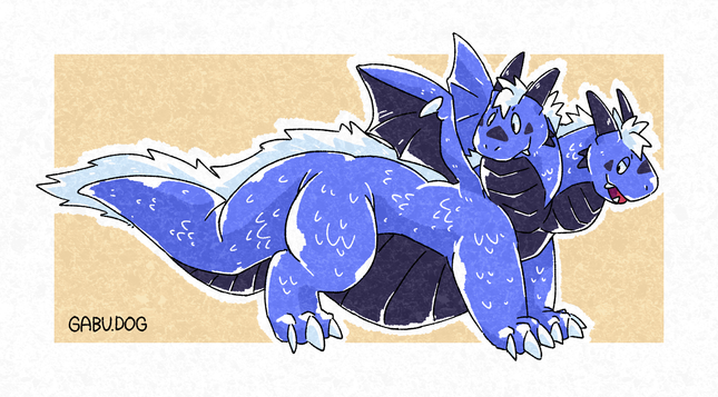 Art of Gabu as a big blue two-headed quadrupedal hydra with a large round tubby belly. They're looking very naughty.