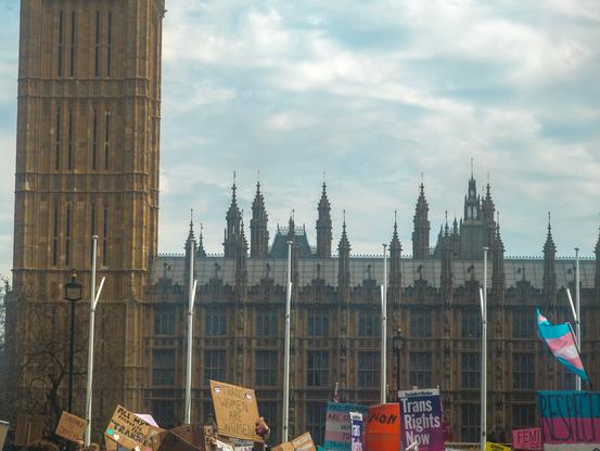 Many protests signs are raised in front of the houses of parliament.