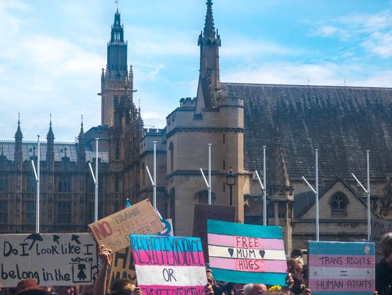 Many protests signs are raised in front of the houses of parliament.