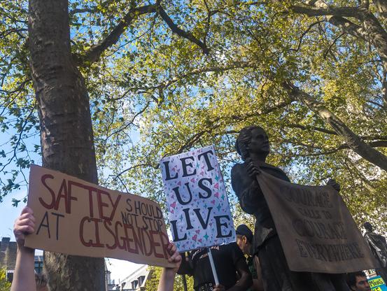 Two raised protest placards read "LET US LIVE" surropunded by hearts, and "Saftey should not stop at cisgender", they are next to a statue of a woman holding a fabric sign saying "Courage calls to courage everywhere"