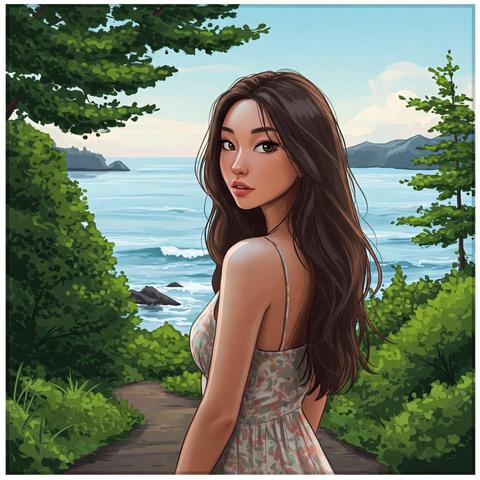 An animated-style drawing shows a young woman with long, wavy brown hair looking over her shoulder towards the viewer. She has fair skin and appears to have East Asian features. She is wearing a light-colored sundress with a floral pattern. She is standing on a dirt path that winds through lush green foliage and trees. In the background, there is a view of a calm, light blue ocean with gentle waves, rocky outcroppings, and a hazy shoreline with distant mountains under a partly cloudy sky. The overall style is reminiscent of anime or manga, with soft lighting and a serene atmosphere.