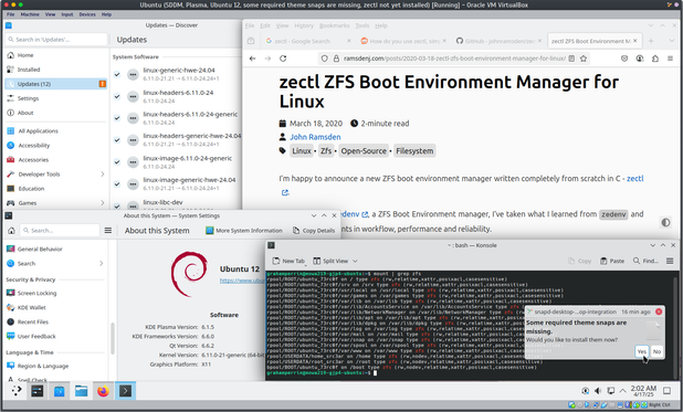 Screenshot: Ubuntu 12 installed on OpenZFS. Using SDDM and Plasma instead of GDM and GNOME.
