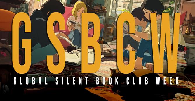 People sitting in a room reading together with a kitty - GSBCW logo