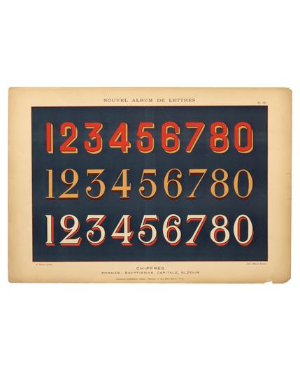 The previous numbers shown on a single, uncropped print with the title, “Nouvel Album de Lettres” at the top. At the bottom is, “Chiffres / Formes: Egyptienne, Capitale, Elzévir”.
