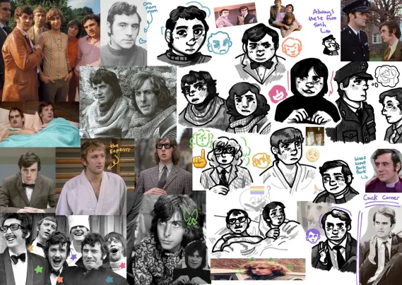 A page full of images of monty python members and then lots of drawings of them (using the images as referance)