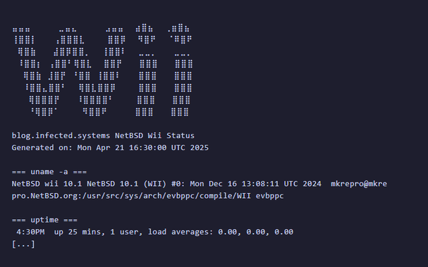 A screenshot from the linked post - an example of the HTML status page that is generated every 15 minutes by a shell script that outputs system stats to it, showing the status for the Wii-hosted blog of the post author.