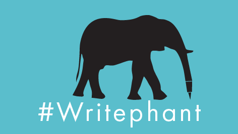 Elephant with a pen for a nose in a blue background. Below is the hashtag Writephant.