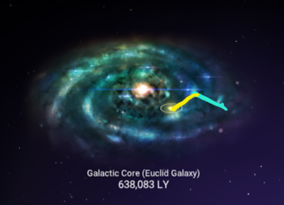 No mans sky galactic map with light blue line towards middle and yellow line 90 degrees to the left