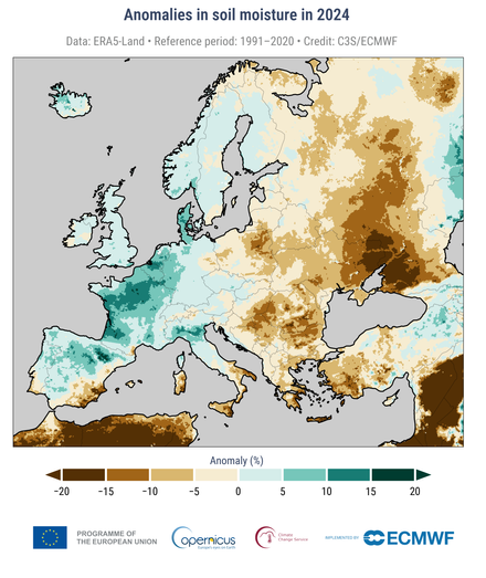 An example Copernicus dataset illustrating anomalies in soil moisture in 2024. It is a map of Europe over which the data are overlaid as color coded +/- percentages. There is a prominent excess moisture in Western Europe and a corresponding aridity in Eastern and Southern Europe